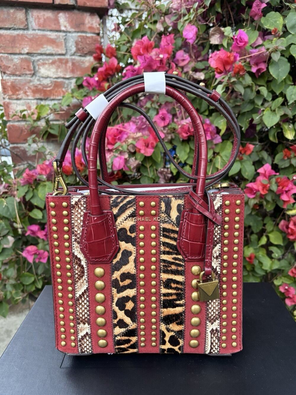 MICHAEL KORS Mercer Medium Leopard Calf Hair Gold Studded Bag Red Sample